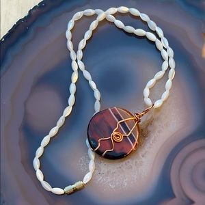 Handmade agate shell necklace copper wire wrap crystal healing stone